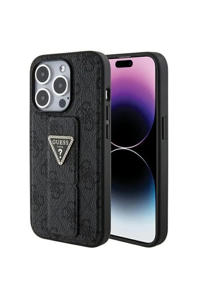 Guess Grip Stand 4G Triangle Strass pentru iPhone 15 Pro Max – negru