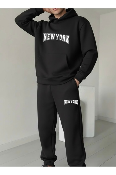 FUFLUNS طقم بدلة رياضية مطبوعة من نيويورك للجنسين للرجال/النساء بغطاء رأس مقا...