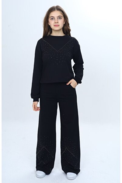 Toontoy طقم بناتي مكون من قطعتين: سويت شيرت بياقة دائرية مطرزة بالأحجار وبنطل...