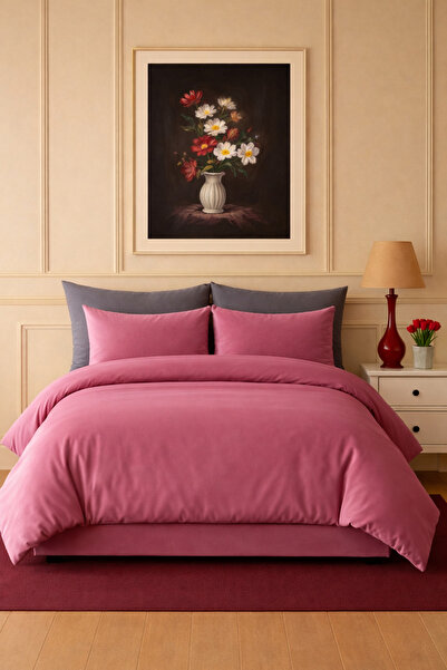 İQON Flat Sheet Duvet Cover Set 100% Cotton Double Size Dusty Rose-Anthracite