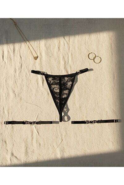 Maly Love Women's Black Lace Heart Detailed Thong String with Leg Accessories