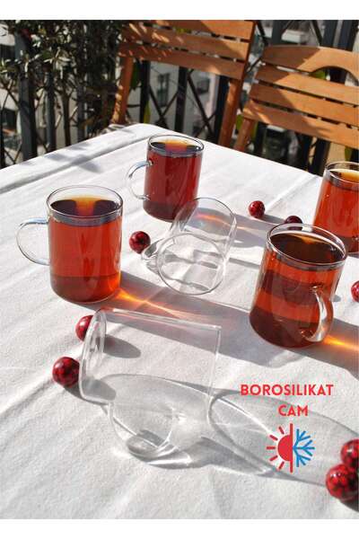 Qualitev 6lı Borosılıkat Cam Kupa Çay Bardak 200 Ml Kulplu Çay Bardağı Sade