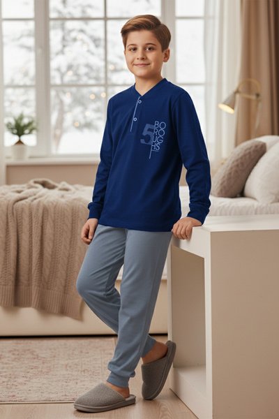REMSA Men's Young Children's Cotton Pajama Set 4227 Light Navy Blue
