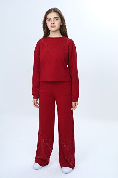 Toontoy Girl's 2-Piece Set Stone Embroidered Crew Neck Sweatshirt & Wide Leg ...