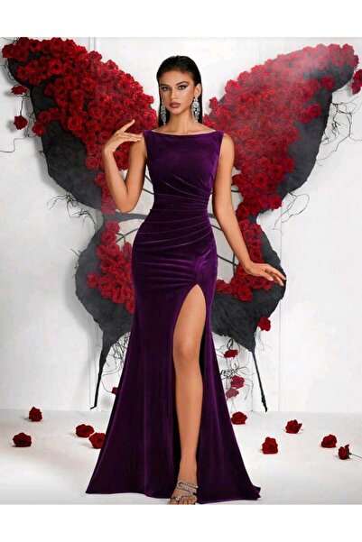 elissaa UZUN YIRTMAÇLI KADİFE ABİYE ELBİSE