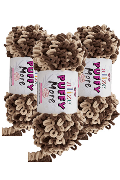 Alize Puffy More Hand Knitting Yarn 3 Pieces – 6287 Brown/Beige – 150 Gr. 11....