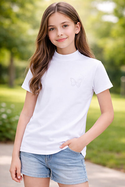 Atabay Kids تي شيرت ATABAY 99-01-26 للفتيات باللون الأبيض بياقة نصف دائرية مع...