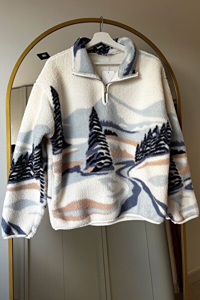 MAGARDE Hanorac din fleece supradimensionat cu model - ALBASTRU