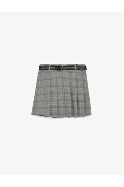 Koton Plaid Mini Skirt with Thick Pleated Belt Detail