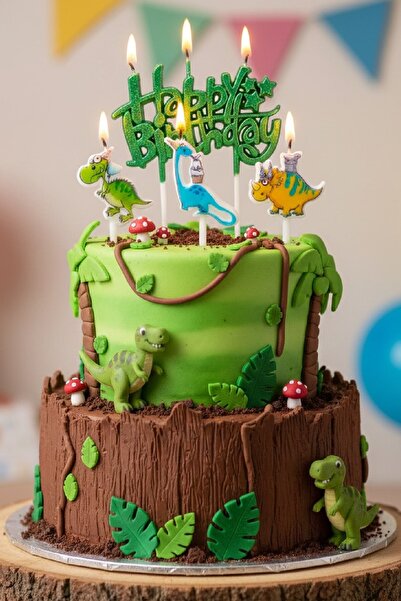 BKMC PARTY DİNAZOR HAPPY BİRTHDAY 4 LÜ DOĞUM GÜNÜ PARTİ SETİ SÜSÜ MUMU