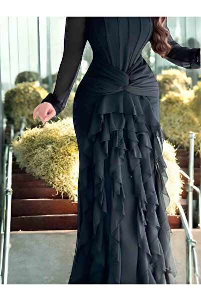 TREN Elegant Off-Shoulder Black Maxi Dress with Ruffled Chiffon Skirt Long Sl...
