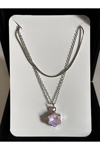 bijoux uniques çelik hologram taşlı iki zincirli kadın kolye