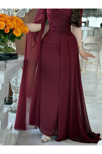 TREN Burgundy One-Shoulder Evening Dress Chiffon Embroidered Long Sleeve Form...