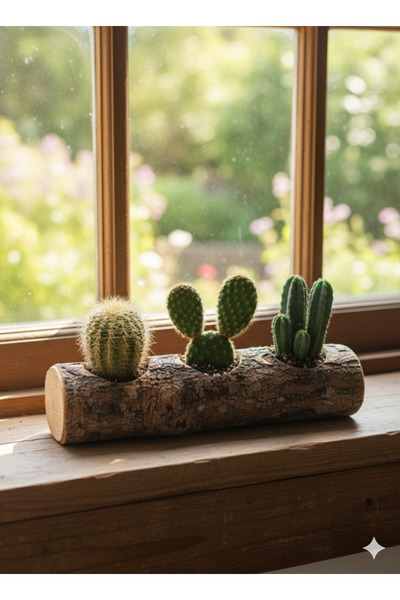 Krb Ahsap 25 Cm Doğal Kütük Saksı, Kaktüs Saksısı, Mini Çiçekler İçin Dekorat...