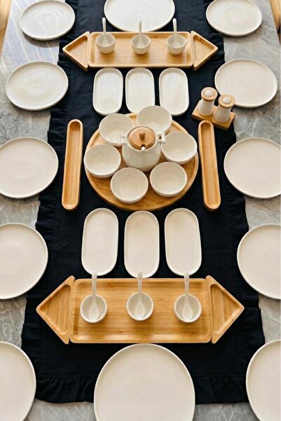 Atbyhome Duru Virel 12 Kişilik 54 Parça Doğal Bambu Porselen Kahvaltı Takımı ...