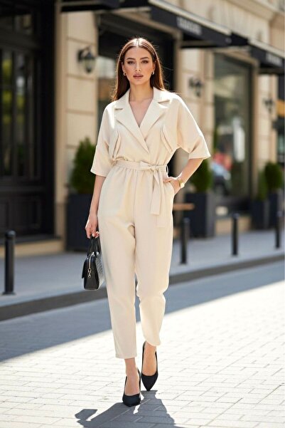 PATRONIZE CREATING YOUR STYLE Bej Kruvaze Yaka Kuşaklı Tulum