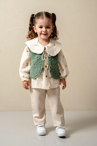 Cantoy Bohem Tarz Çiçek Desenli Müslin Bluz ve Buklet Yelekli 3'lü Bebek Takımı