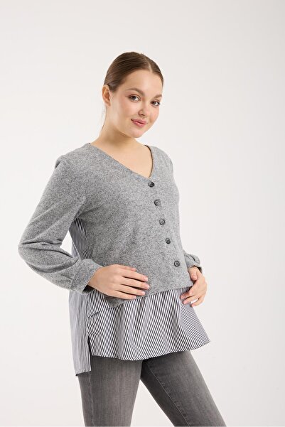 Işşıl B089-V Collared Buttoned Minnoş Knitwear Combination Maternity Blouse