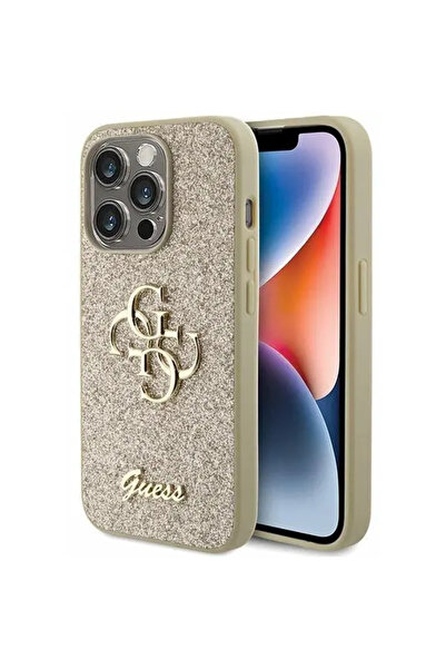 Guess Fixed Glitter 4G Metal Logo Hard Case for iPhone 15 Pro – Gold