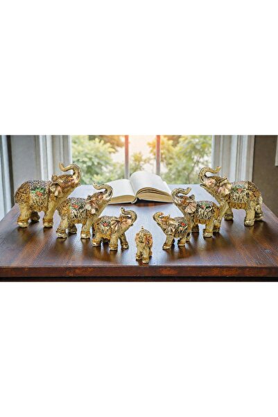 ELSELİFE Lüks İşlemeli Feng Shui 7’li Bereket Fil Biblo Seti Dekoratif Ev Ofi...