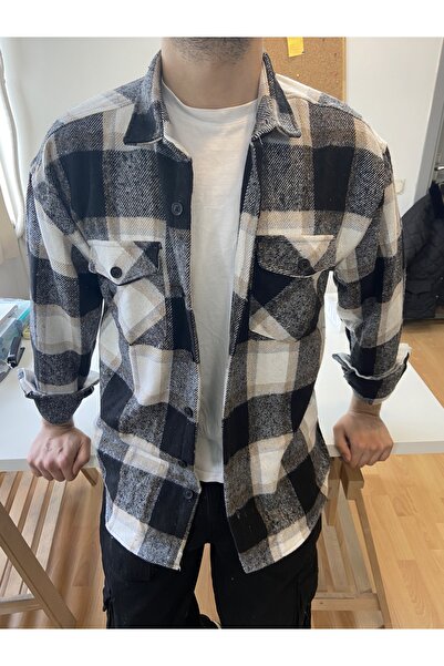 BLUE STREET Erkek Krem-Beyaz-Çift Cep Kapaklı Slim Fit Oduncu Gömlek