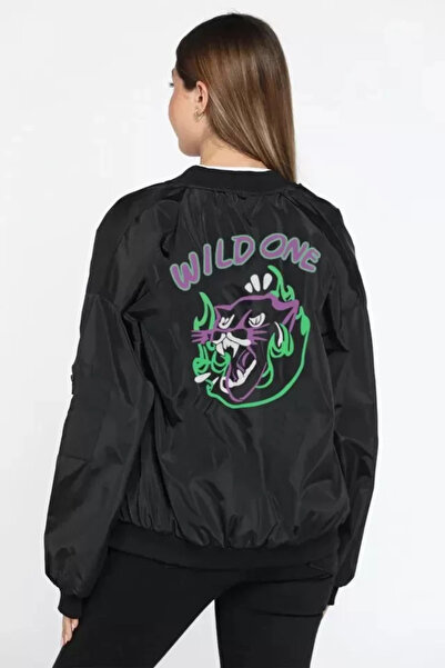 Generic Brand Unisex Long Sleeve Printed Bomber Jacket - Black