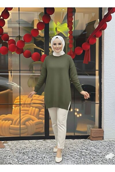MEİLİN Khaki Crew Neck Mercerized Casual Knitwear Tunic
