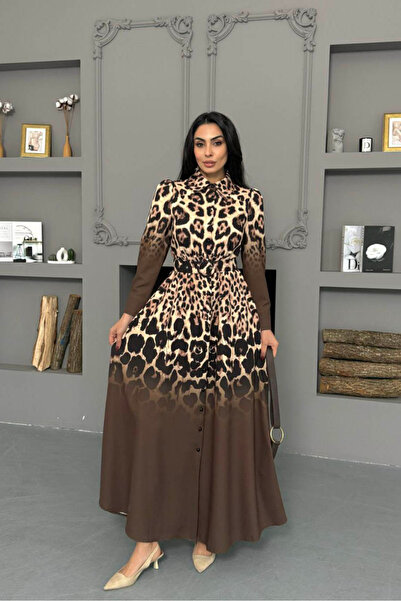 Neşeli Butik Women's Brown Leopard Print Atlas Fabric Buttoned Imported Dress...
