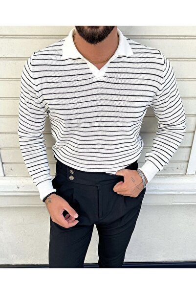 BLUE STREET Striped Polo Neck Knitwear Sweater White