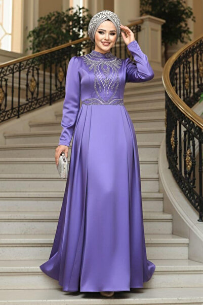 N.S NEVA STYLE Tailed Lilac Hijab Satin Evening Dress 25878Lila