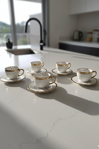 Home Florena Gold Gilded Embossed Turkish Coffee Cup Set 6 Pieces 90 Cc-Pink/...