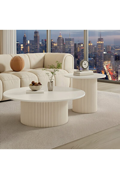 Mobilya Stant Most Bohem Orta Sehpa Mat Beyaz 2'li Set %100 Ahşap 85 Cm. Çap ...