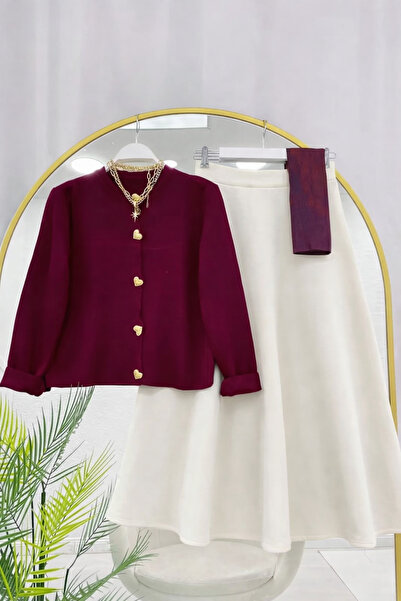 RFK Butik Women's Knitwear Gold Heart Cardigan Puff Scuba Skirt Set - Burgund...