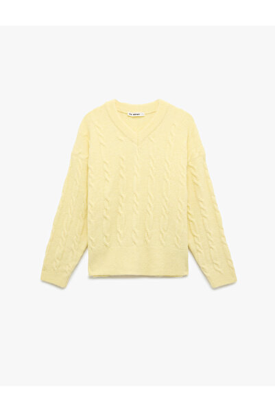 Koton Long Sleeve V-Neck Hair Braided Oversized Sweater