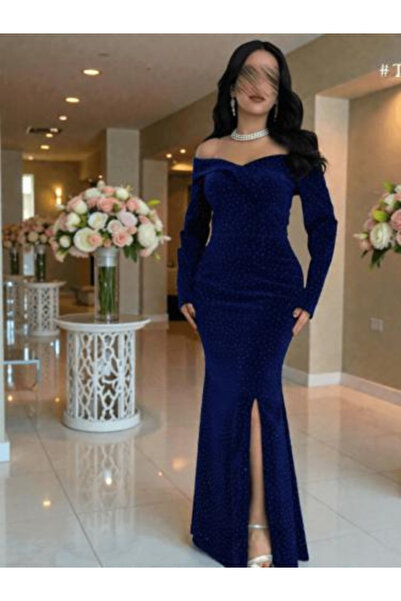 TREN Royal Blue Off Shoulder Velvet Evening Gown with Embellished Details and...