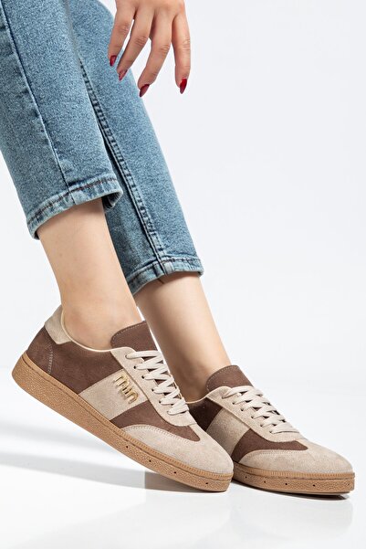 BAHRİNA Women's Beige Suede Brown Buckle Casual Sneaker