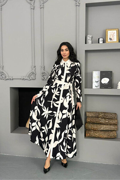 Neşeli Butik Women's Black and White Patterned Full Button Imported Fabric Be...