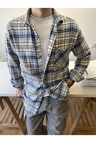 BLUE STREET Mavi-Sarı-Erkek Slim Fit Çift Cep Kapaklı Kaşe Oduncu Gömlek