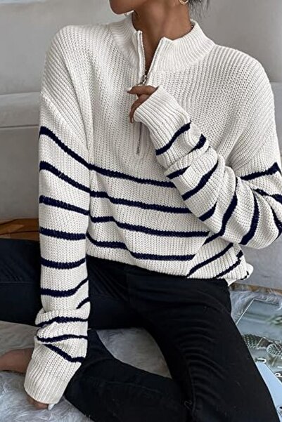 BLUE STREET White-Women's Oversized Zippered Fisherman Knit Sweater
