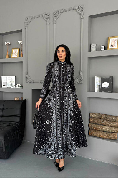 Neşeli Butik Women Black Full Length Buttoned Atlas Fabric Belt Design Dress ...