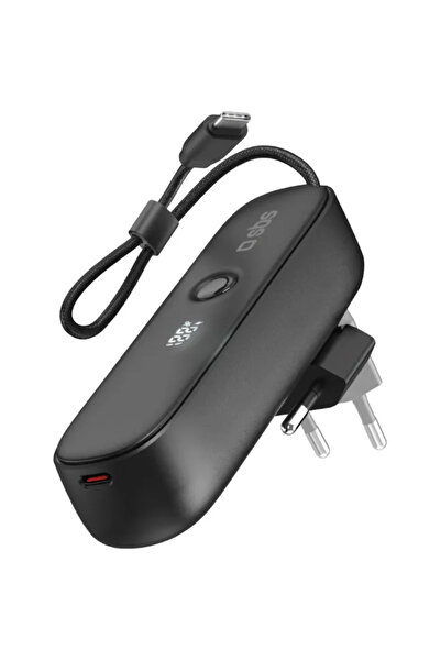 SBS Hybrid with foldable socket, 5000 mAh, 20W, Integrated USB-C cable, Black