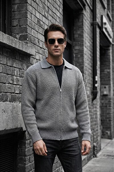 Oksit Mams Men's Slim Fit Zippered Polo Neck Ribbed Knitwear Cardigan