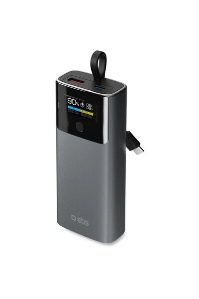 SBS 10000mAh PD 20W with LCD display and built-in USB-C cable - Gray