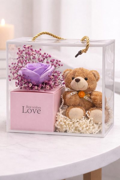 OEM Gift with 12 cm teddy bear and artificial floral arrangement in 20cm deco...