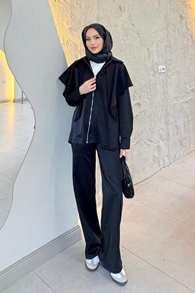 Hazamoda Efl Shawl Detail Satin Set Black