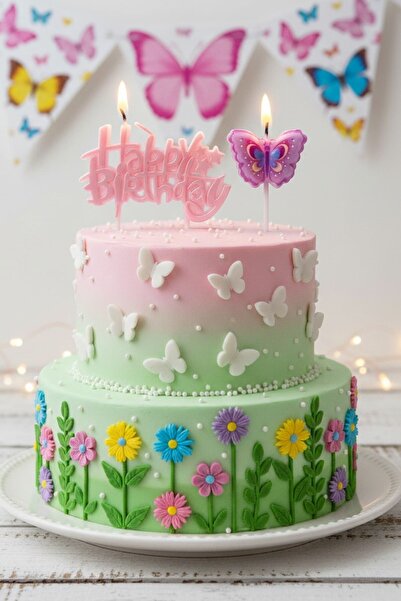 BKMC PARTY HAPPY BİRTHDAY KELEBEK 2 PARÇA DOĞUM GÜNÜ PARTİ SETİ SÜSÜ MUMU