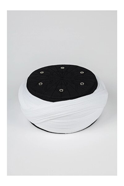 Sarıkhane Çocuk Talebe Sarığı - Beyaz Kumaş - Siyah Takke - Çapraz Sarım - Ku...