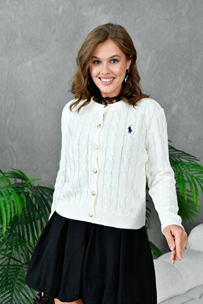 Park Karon Women's Crew Neck Button Detail Hair Knitwear Jacket 8388