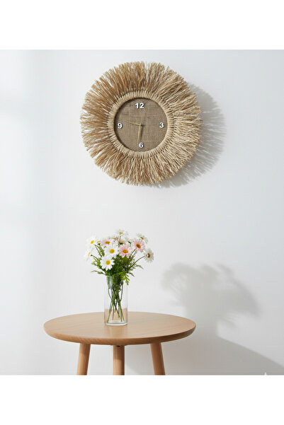 BOHEM Modern Salon Aksesuarı - Doğal Rafya Saçaklı Duvar Saati