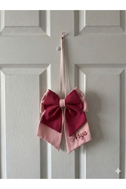 asyakuş İsim Nakışlı Dekoratif Pembe Fiyonk Kapı Süsü Dekor